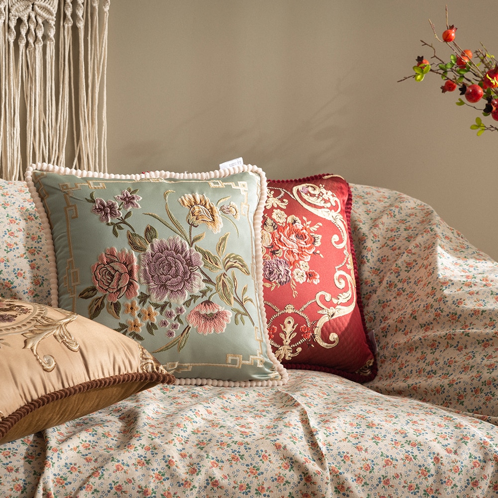 Luxury Floral Embroidered Cushion Cover